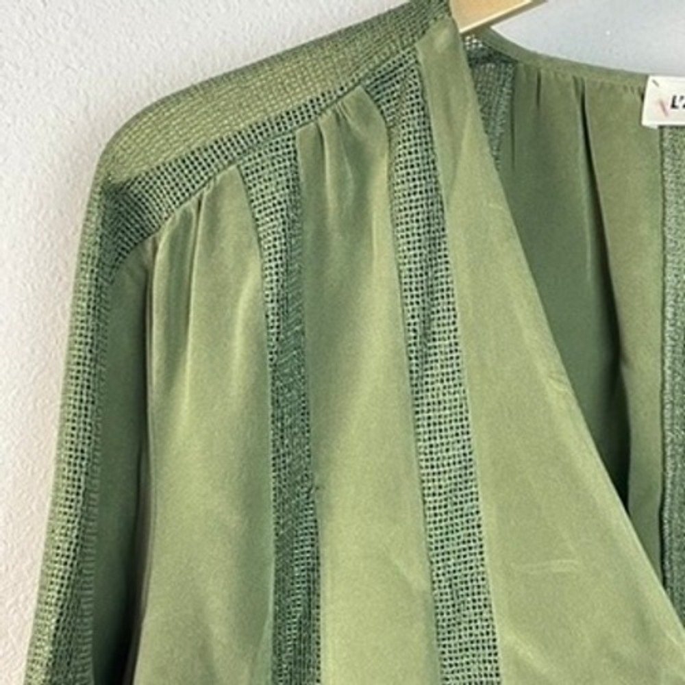 L´AGENCE Olive Green V Neck Long Sleeve Sheer Trim Blouse Women´s Size L/XL - Picture 4 of 7
